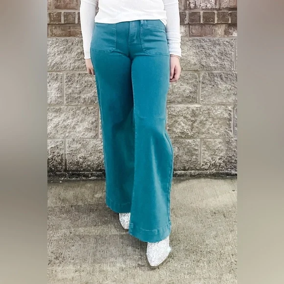 Judy Blue Teal Mid Rise Utility Wide Leg Jeans JB881061REG JB881061PL - Picture 6 of 8